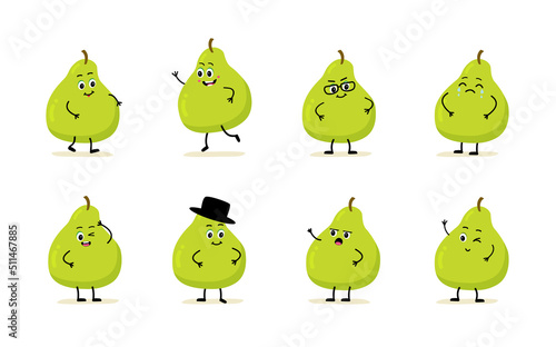 pear character with funny face. Happy cute cartoon emoji set.