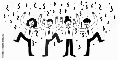 Enterprise employees dance at a corporate party. Festive confetti and people.