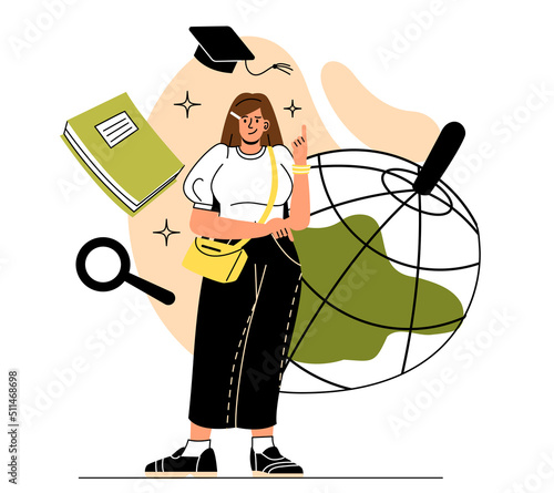 Basic human needs. Girl next to books, globe and magnifying glass. Education, female student preparing for test or exam, doing homework. Exercises and lessons. Cartoon flat vector illustration