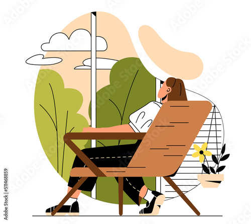 Basic human needs. Young girl sits in chair in nature. Rest, relax and recuperation, lazy character on summer or spring day. Hot weather concept, calm and balance. Cartoon flat vector illustration