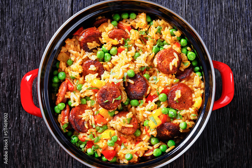 smoked sausages with rice and vegetables  top view