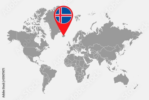 Pin map with Iceland flag on world map. Vector illustration.