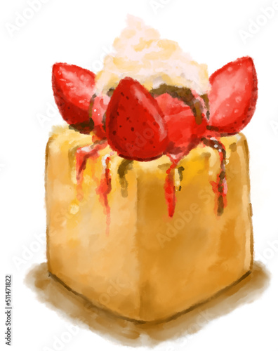 Honey toast heavy dessert bread butter ice cream and fruits watercolor painting illustration
