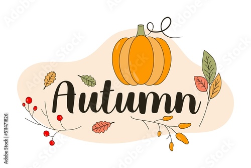 Inscription Autumn with design forest elements and Pumpkin. The trend Calligraphy, Lettering. Autumnal Lettering for card, poster, banner, print, handwritten quotes. Hand drawn vector illustration.