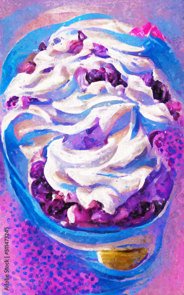 Painted sundae with cherries and blueberry ice cream. Whipped cream Painted sundae with cherries and blueberry ice cream. Whipped cream