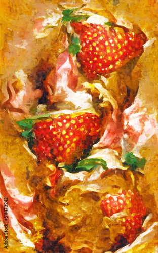 Painted strawberries with whipped cream.