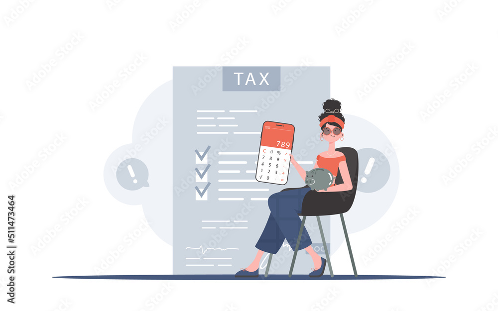 Fototapeta premium The girl sits in a chair and holds a calculator and a piggy bank in her hands. The concept of payment and calculation of taxes. Vector illustration in a flat style.