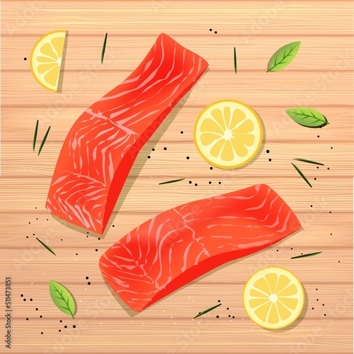 top view flat lay with red salmon with lemon and rosemary. Vector illustration on wooden table background.