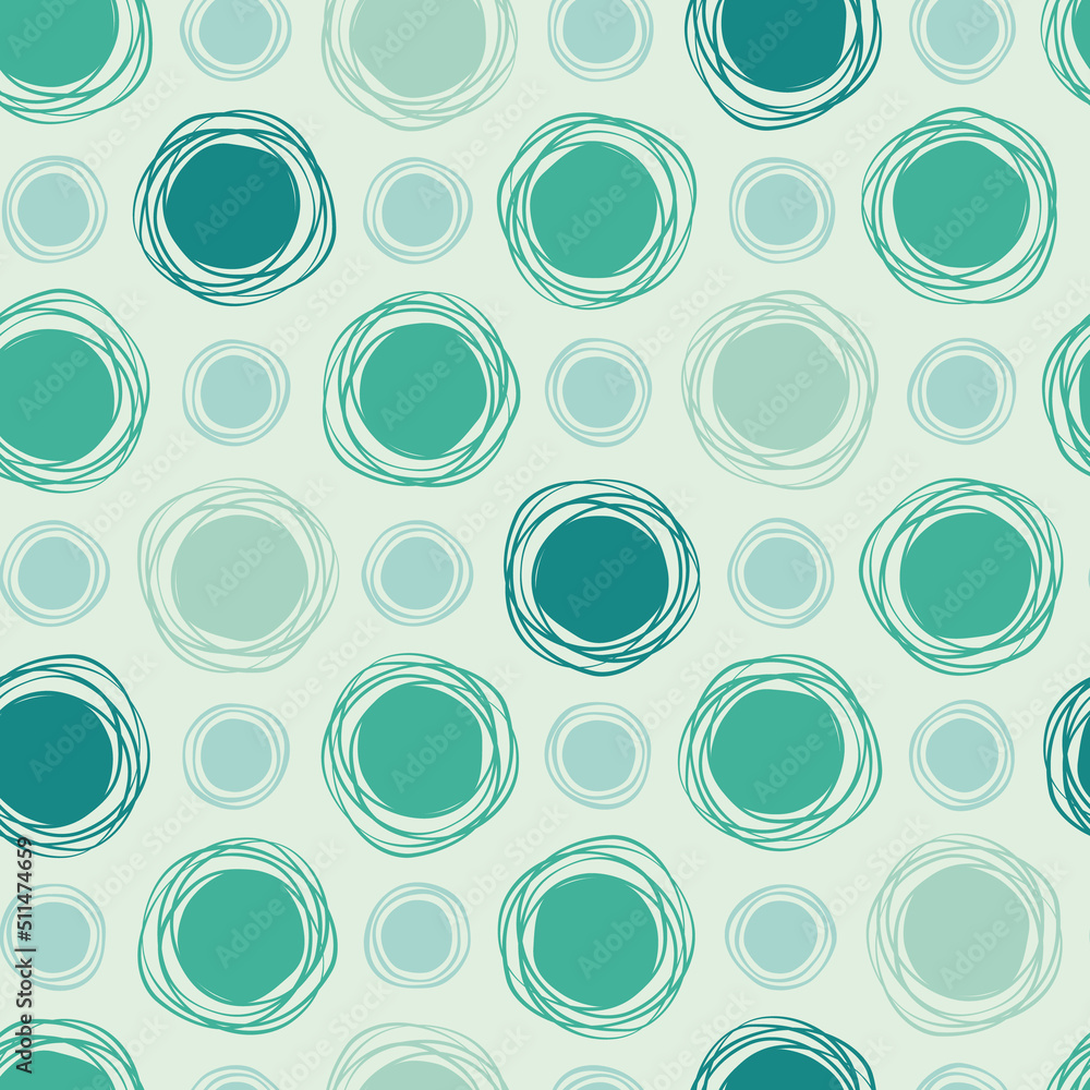 Vector regular abstract seamless pattern. Hand drawn green bubbles and scribble lines on light background. For wrapping, fabric, scrapbooking or wallpaper.