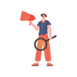 A man stands in full growth and holds a loudspeaker. Isolated. Element for presentation.