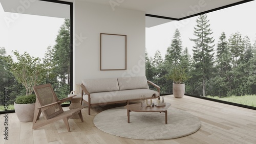 Forest view white living room scandinavian minimalist interior design 3d render with large windows plants and wooden floor