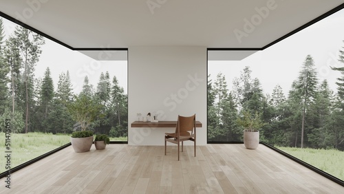 Forest view white home office scandinavian minimalist room interior design 3d render with large windows plants and wooden floor