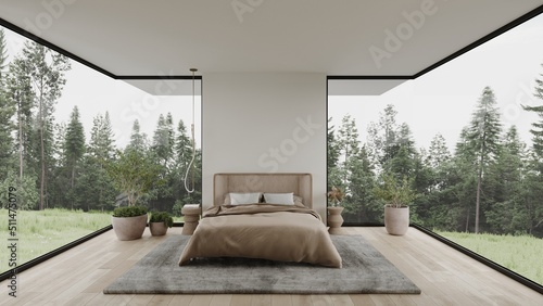 Forest view white bedroom scandinavian minimalist room interior design 3d render with large windows plants and wooden floor