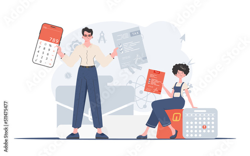 A man stands holding a calculator in his hands with a woman sitting next to him. Taxes. Element for presentations.