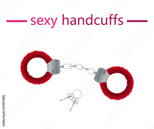 Red fur handcuffs with keys. For adult erotic games.