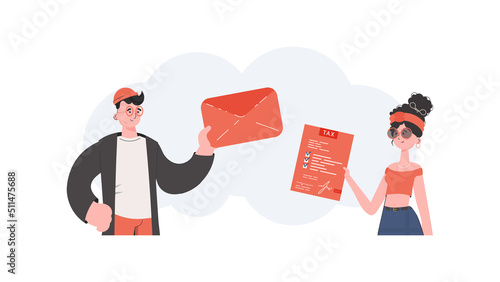 A man and a woman stand waist-deep and send a tax document in an envelope. Filling out a tax return. Element for presentation.