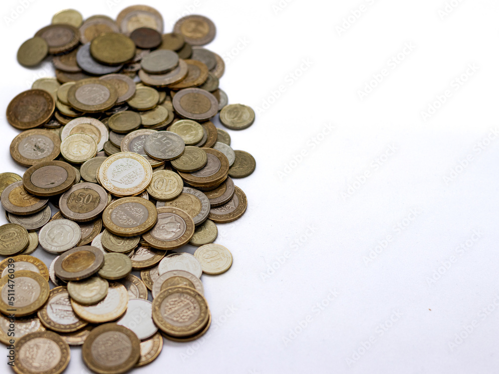 stack of turkish metal coins on white bacground, copy space area stack of turkish metal coins on white bacground, copy space area