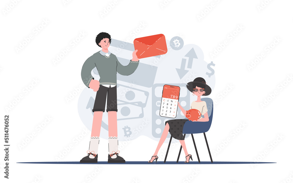 A man and a woman hold a calculator and an envelope in their hands. Cash contribution. Element for presentation.