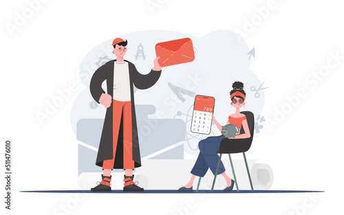 Man and woman with an envelope and a piggy bank. Cash contribution. Element for presentation. © Javvani