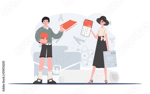 A man and a woman are standing and holding a book and an example of a tax form. The study of taxes. Element for presentation. © Javvani