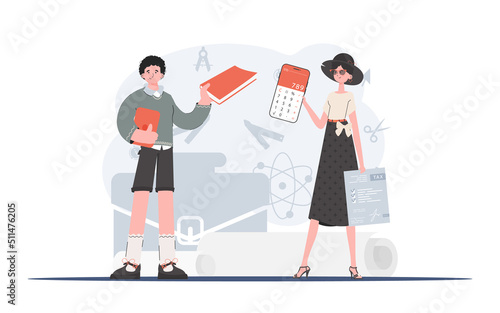 A man and a woman are standing and holding a book and an example of a tax form. The study of taxes. Element for presentation.