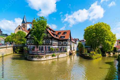 Obraz na płótnie Germany, Old town houses of esslingen am neckar city in summer with blue sky and sun next to neckar river water, a tourism destination w salonie