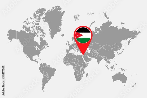 Pin map with Jordan flag on world map. Vector illustration.