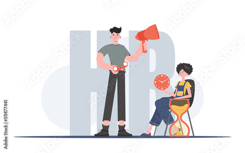 A man and a woman are holding a megaphone and a watch in their hands. Human resource. Element for presentations.
