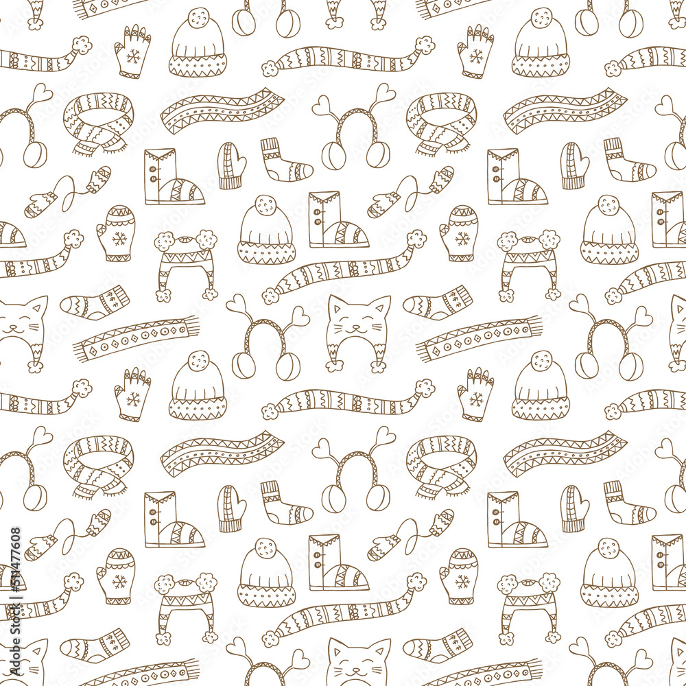 Hand-drawn winter clothing. Seamless pattern. Endless ornament. Vector illustration in doodle style. Winter mood. Hello 2023. Merry Christmas and Happy New Year. Brown elements on a white background.