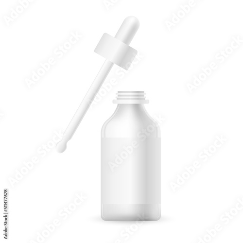 Realistic empty package of beauty product for body. Blank template of container for serum or oil, transparent glass with pipette. Mock up illustration isolated on white.