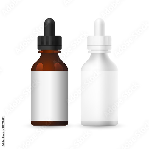 Set of realistic empty packages of beauty products for body. Collection of blank template of container for serum or oil pipette white, brown, transparent glass. Mock up illustration isolated on white.