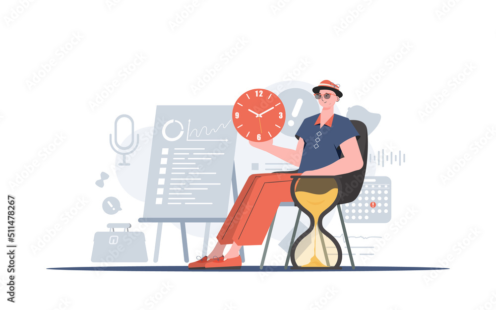 A man sits in a chair next to an hourglass. Time management. Element for presentation.