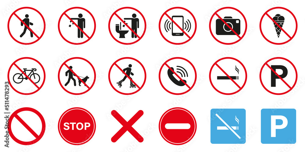 Caution Red Stop Circle Symbol Set. Forbidden Pictogram. Warning No Allowed Parking Sign. Attention Restriction Zone Black Silhouette Icon. Prohibited Ban Collection. Isolated Vector Illustration Caution Red Stop Circle Symbol Set. Forbidden Pictogram. Warning No Allowed Parking Sign. Attention Restriction Zone Black Silhouette Icon. Prohibited Ban Collection. Isolated Vector Illustration