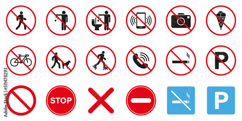 Caution Red Stop Circle Symbol Set. Forbidden Pictogram. Warning No Allowed Parking Sign. Attention Restriction Zone Black Silhouette Icon. Prohibited Ban Collection. Isolated Vector Illustration