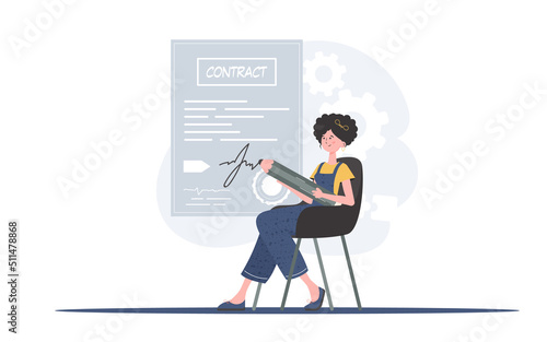 A woman is sitting in a chair signing a contract. Partnership. Element for presentation.