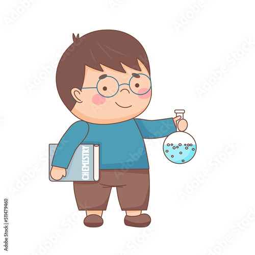 A schoolboy with a chemistry textbook and a glass flask - school concept