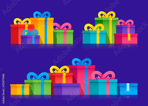 Set variety group gift boxes with ribbons and bows. Vector flat illustration. Colorful wrapped. Colorful wrapped gift boxes isolated on white background.