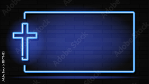 Neon illumination of the cross. The bright advertisement of the cross. Modern vector logo, banner, shield, drawing of Christianity. Night advertising on the background of a brick wall.