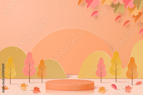 Podium stage pastel autumn paper art background for fall season product sale vector illustration.