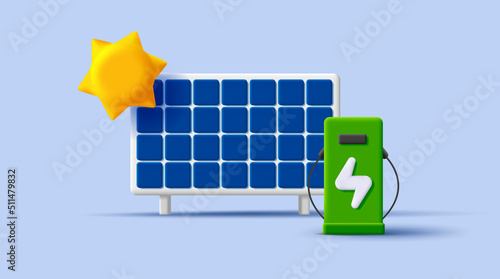 Solar energy system with station and sun icon, 3d modern illustration. Vector illustration