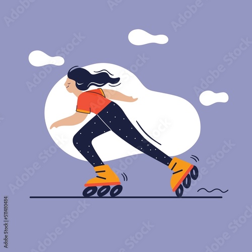 Young happy woman with long hair skating on the road. City sports outdoor activity. Flat colourful vector illustration in hand drawn style.