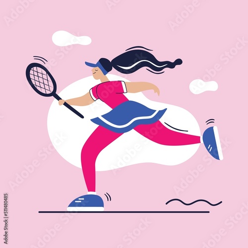 Young happy woman with a racket in her hands playing tennis. City sports outdoor activity. Flat colourful vector illustration in hand drawn style.