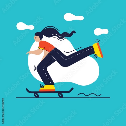 Young happy woman with long hair on the skateboard. City sports outdoor activity. Flat colourful vector illustration in hand drawn style.