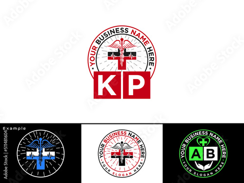 Unique KP Logo Image, Letter Kp pk Logo Design With Health Icon Symbol