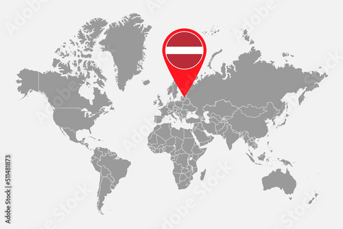 Pin map with Latvia flag on world map. Vector illustration.