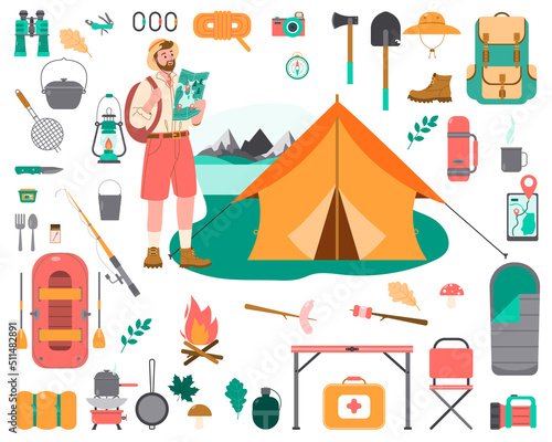 A set of tourist and tourist equipment in the apartment. Tourist guy with a tourist backpack. Vector illustration.
the mountains