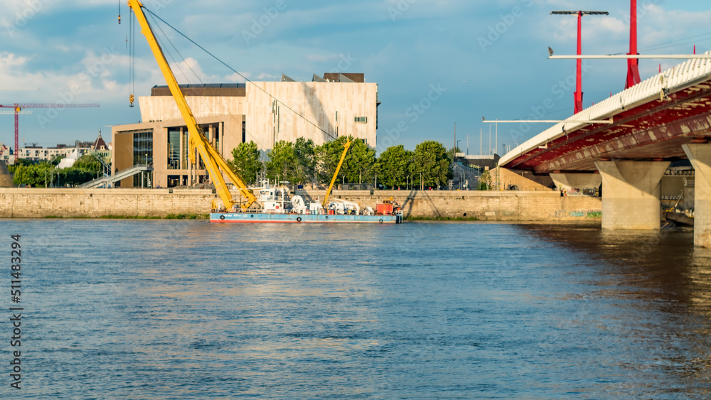 bridge over the river with construction barge in Budapest bridge over the river with construction barge in Budapest