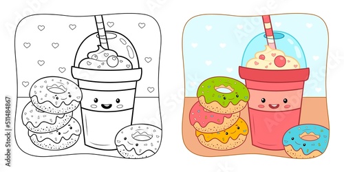 Coloring book or Coloring page for kids. Donuts and drink vector clipart. Nature background.