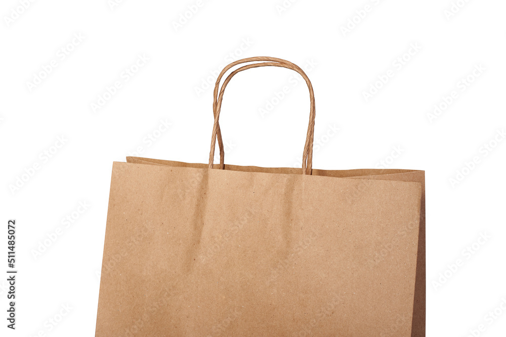 Top of paper brown bag with close-up pens, insulated on white background Top of paper brown bag with close-up pens, insulated on white background