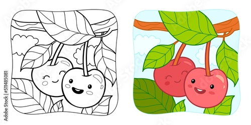 Coloring book or Coloring page for kids. Cherry vector clipart. Nature background.